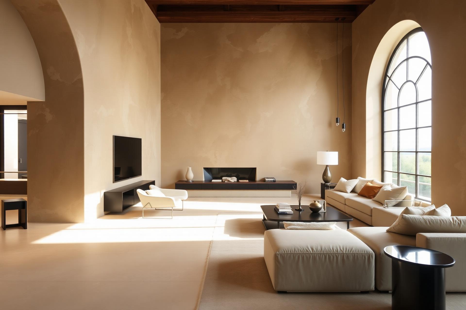 Warm Venetian plaster living room by Étirage Studios