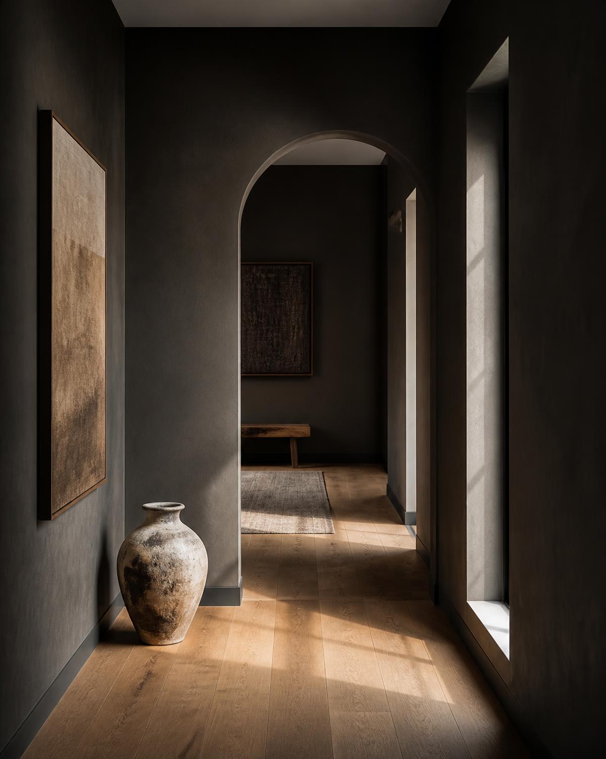 Charcoal painted hallway with arched opening and aged vase
